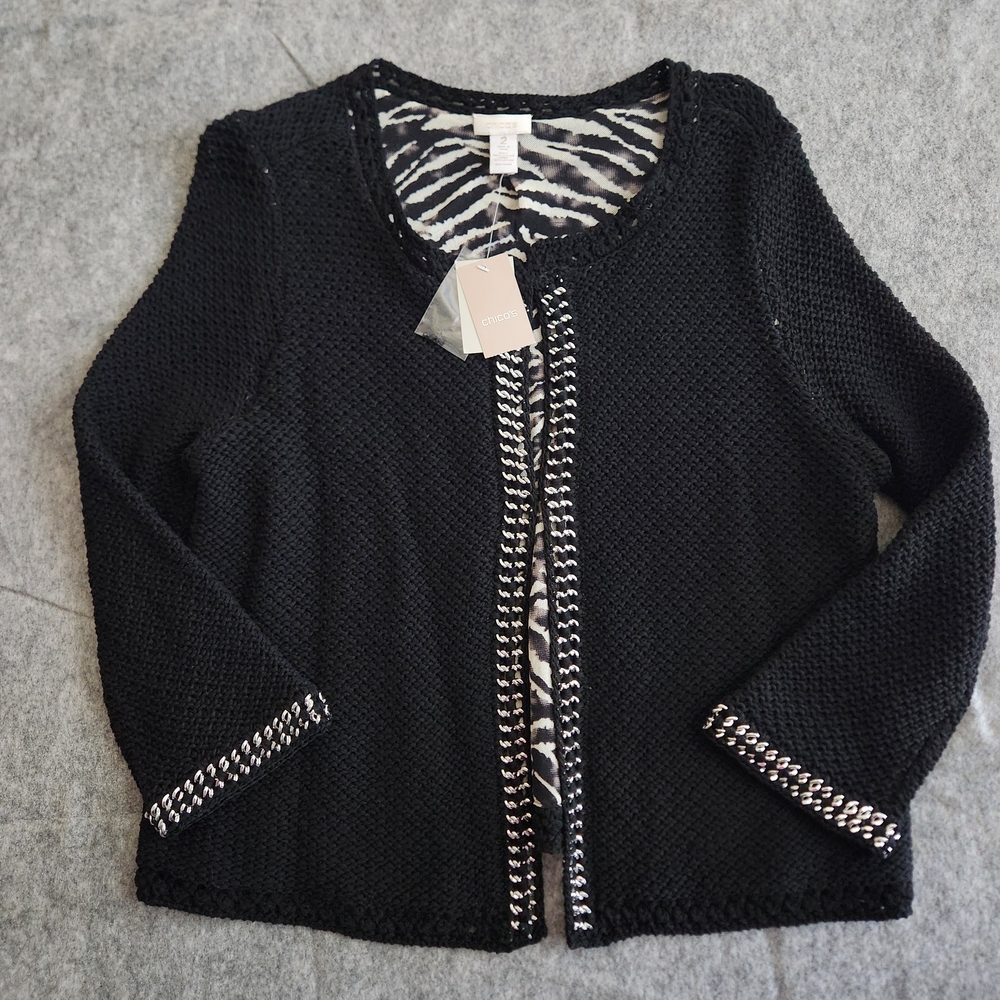 Chico’s Kiernan Zebra Lined Cardigan Sweater Women's 2 Large Black Metallic NWT